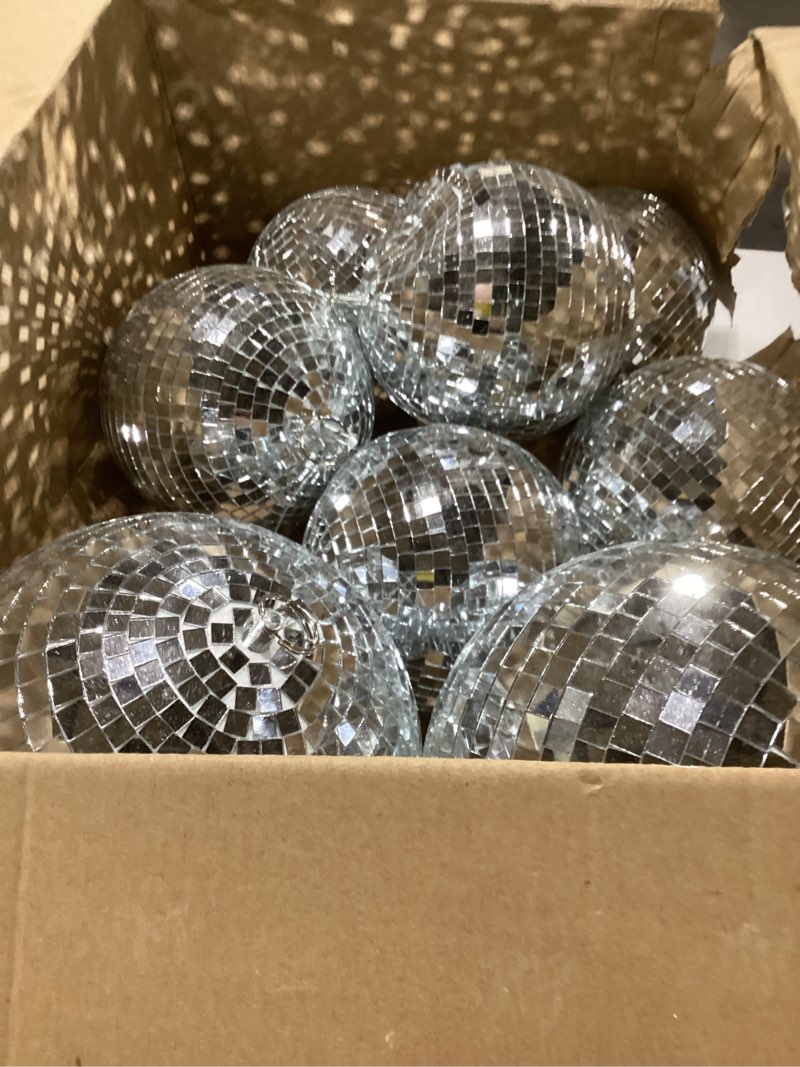 Condition photo showing As Is for haull 8 pcs large disco ball set silver mirror disco reflective ball with hanging ring party ornament decoration for stage club ballroom dance hall wedding prom props(8'', 6'')