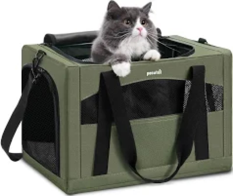 pecute cat carrier stable, pet carrier with hidden anxiety relief partition & stable steel frame, safe cat carrier for car travel, soft-sided dog/cat carrier bag for pets up to 11lbs, green