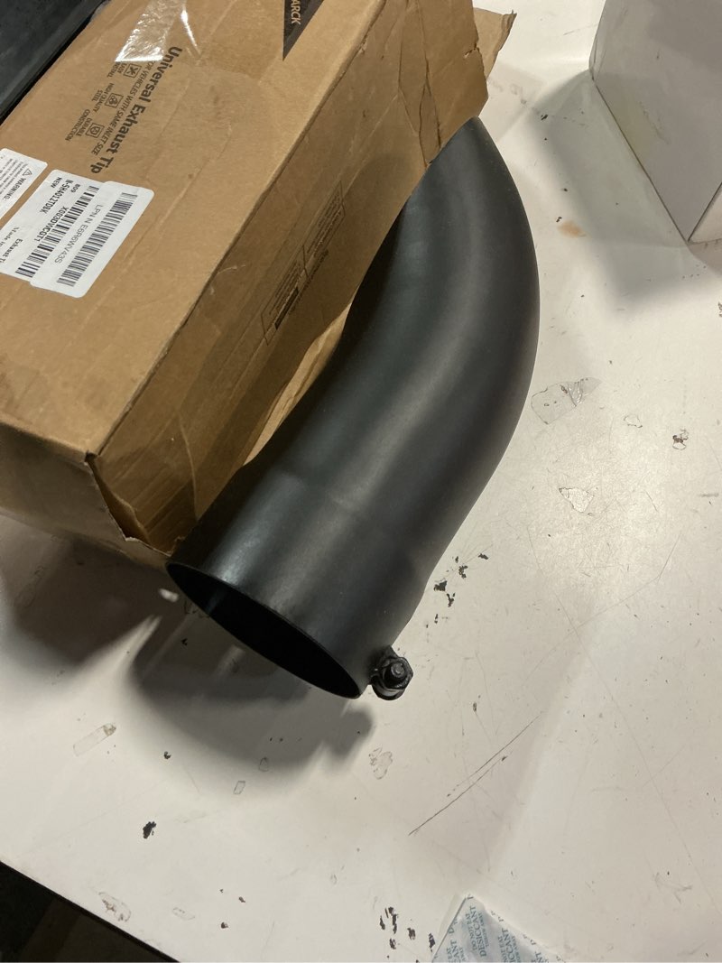 Condition photo showing Good Condition for a-karck turn down exhaust tip 4" inlet, black tailpipe tip with 4" inlet & outlet 12" overall length, stainless steel structure replaces rusted tailpipes