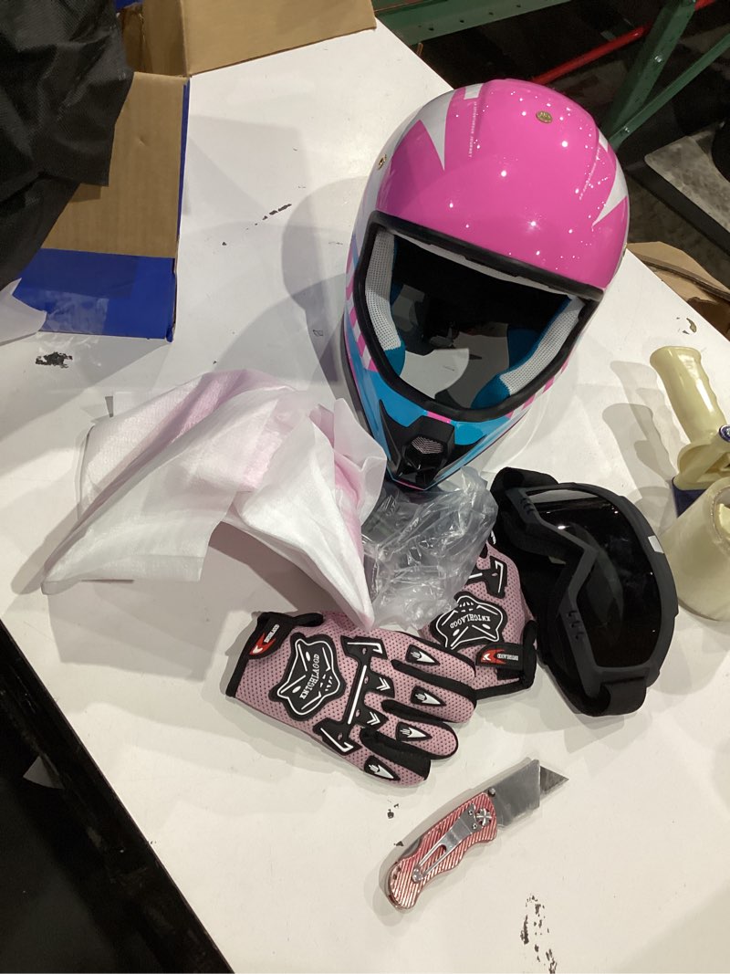Condition photo showing Good Condition for youth dirt bike helmet dot certified - full face motorcycle helmet for off-road, atv, street riding, includes adjustable goggles & protective gloves pink large