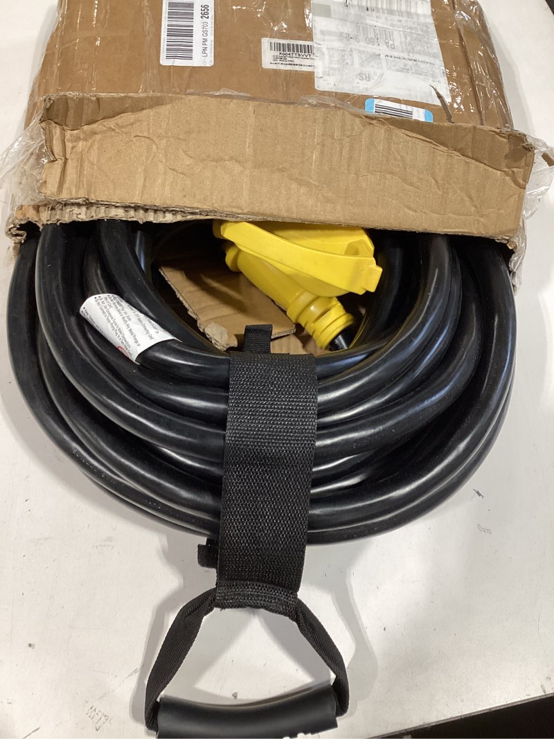 Condition photo showing Good Condition for 50ft 50 amp generator cord, nema 14-50p/ss2-50r heavy-duty 4 conductors cable, pure copper stw rv extension cord, female plug with twist lock, suitable for rv or camper, etl listed