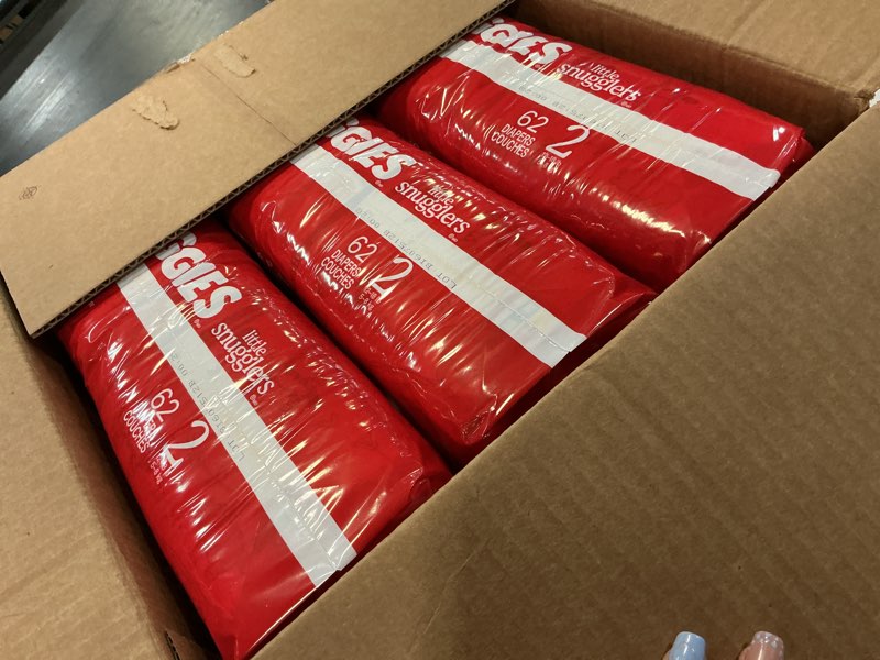 Condition photo showing New/Like New for huggies size 2 diapers, little snugglers baby diapers, size 2 (12-18 lbs), 186 count (3 packs of 62), packaging may vary