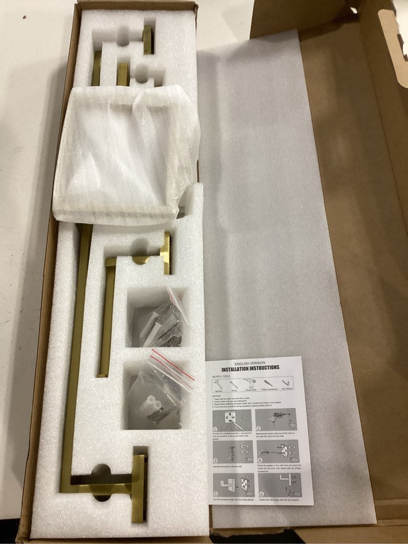 Condition photo showing Good Condition for brushed gold bathroom towel bar sets premium stainless steel 4-piece bathroom hardware set wall mounted square bathroom accessories kit brushed dark gold 4-pieces set-a