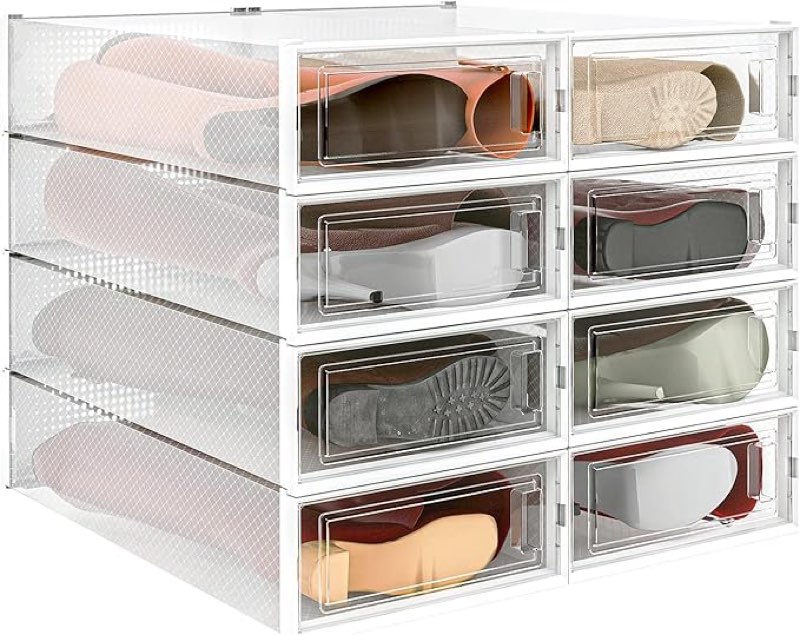 paranta 8-piece boot and 12-piece shoe storage box, stackable clear plastic shoe box, space-saving shoe organizer for boots, sneakers, and high heels, clear