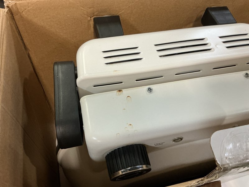 Condition photo showing As Is for pizza oven indoor, 12 inch retro pizza maker, rapid heating 800?f, 1200w glazed ceramic stone electric pizza cooker, two-button precise temperature control, viewing window for precise cooking white