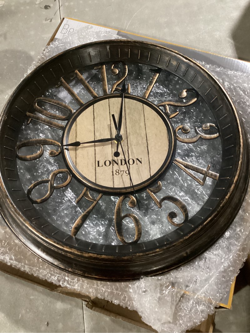 Condition photo showing Good Condition for bernhard products large wall clock 16 inch non ticking battery operated brown rustic farmhouse vintage design stylish decorative clocks for home/office/kitchen/living room/bedroom