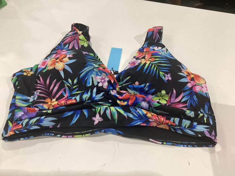 Condition photo showing New/Like New for women cut out twist bikini top only supportive large bust swimsuit top | removable cups,wide underbust band,adjustable wide straps,full lining,soft fabric,high stretch x-large multi floral