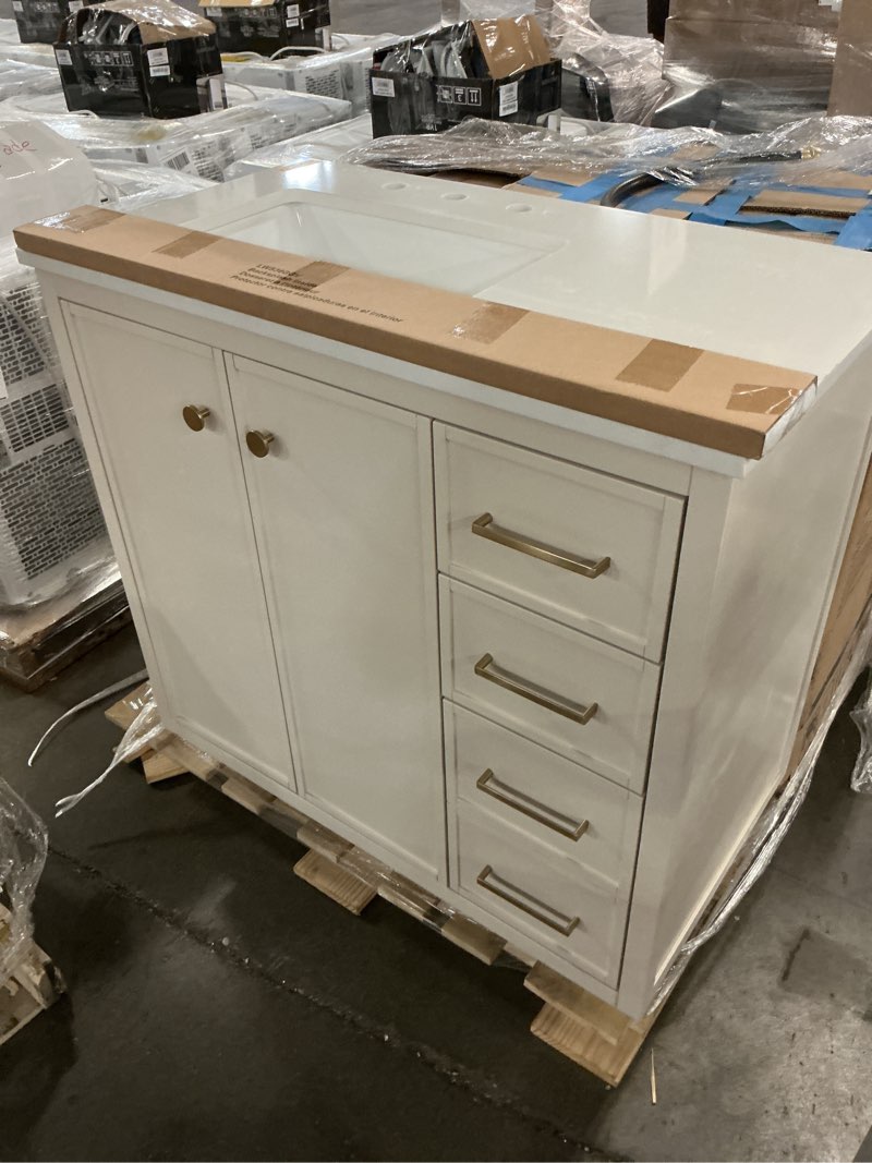 Condition photo showing As Is for style selections stanfield 36-in linen beige undermount single sink bathroom vanity
