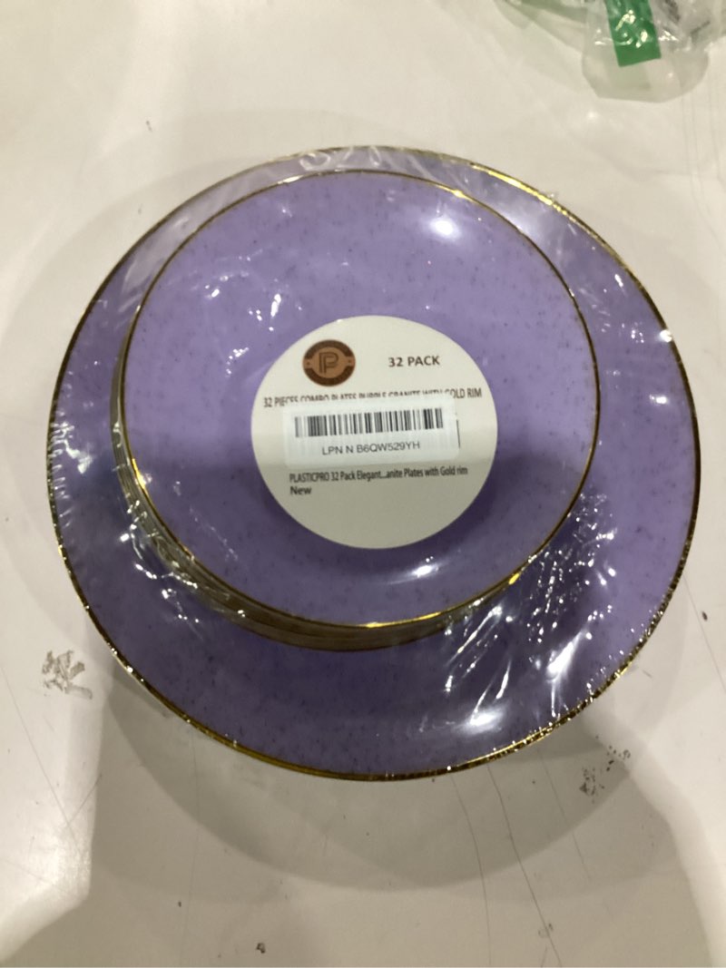 Condition photo showing New/Like New for PLASTICPRO 32 Pack Elegant Disposable Plastic Plates Combo Set Includes 16 Dinner Plates and 16 Salad Plates Heavy Duty Fancy Party Plates Purple Granite Plates with Gold rim 32 Granite Collection Purple With Gold Rim