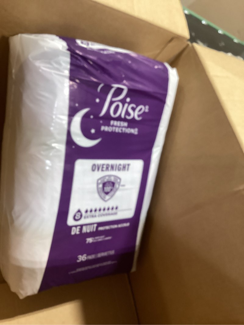 Condition photo showing As Is for poise overnight incontinence & postpartum pads for bladder leaks, 8 drop extra coverage, 72 count (2 packs of 36), packaging may vary long 72