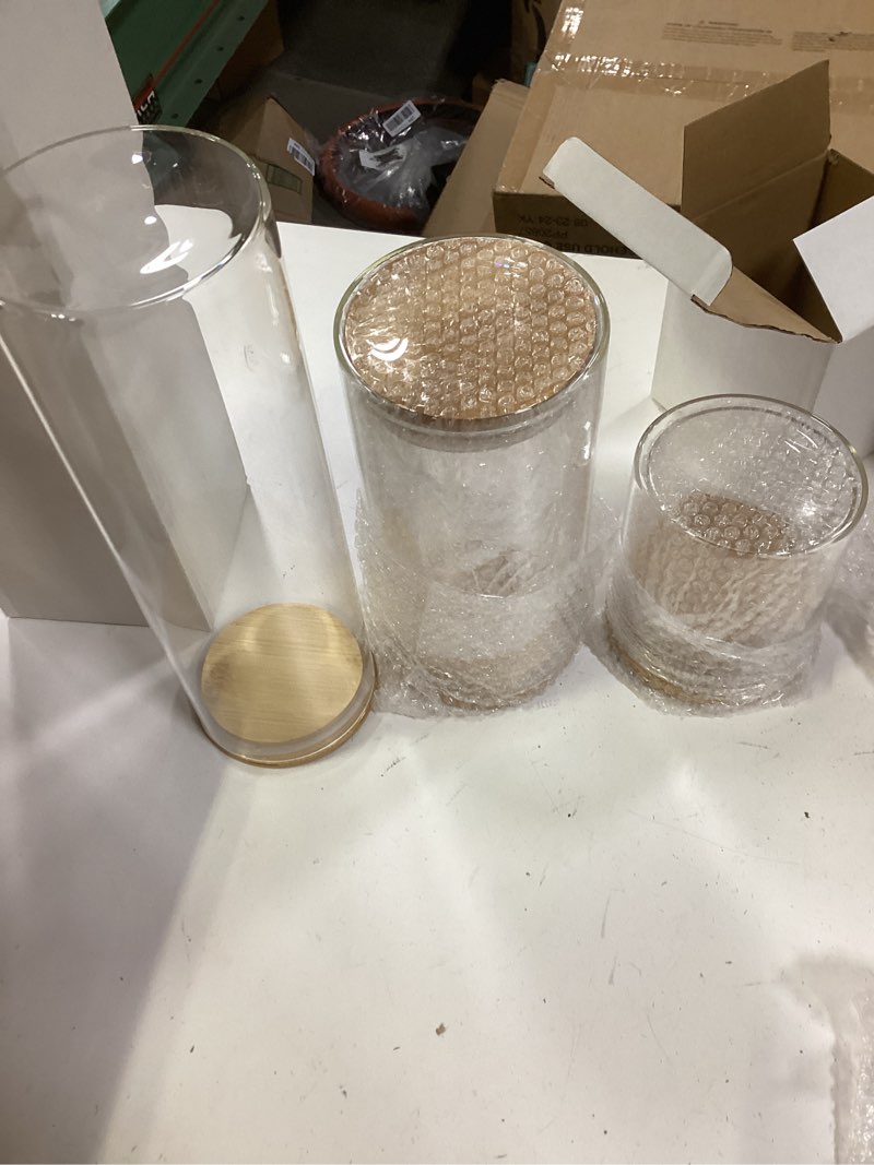 Condition photo showing Good Condition for ((Incomplete ))ERISED 6-Pack Glass Jars, Glass Containers with Bamboo Lids, Glass Canisters, Kitchen Canisters for Candy,Cookie,Rice,Sugar,Flour,Pasta,Nuts