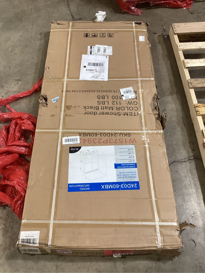 Condition photo showing New/Like New for GETPRO Shower Door Double Sliding 57-60 in. W x 72 in. H Semi-Frameless Bypasss Bathroom Glass Shower Sliding Doors,1/4 inch Clear Tempered Glass Door for Walk-in Shower Matte Black