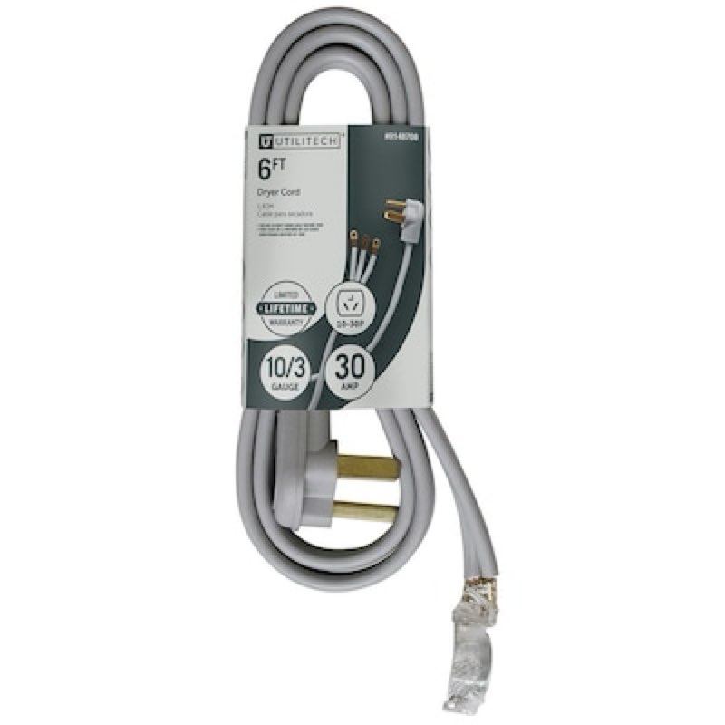 utilitech 6-ft 30 -amp 3 -prong gray dryer appliance power cord