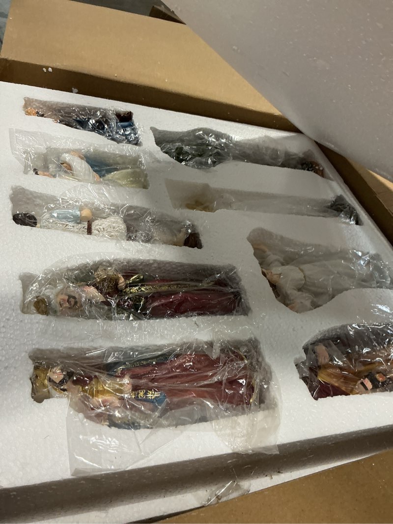 Condition photo showing Good Condition for Fovths 17 Pieces Lighted Nativity Christmas Nativity Stable Manger Religious Nativity Stable Manger Figurine Resin Decor for Deluxe Edition Led Nativity Tabletop Holiday Centerpieces Decor, 7 Inch