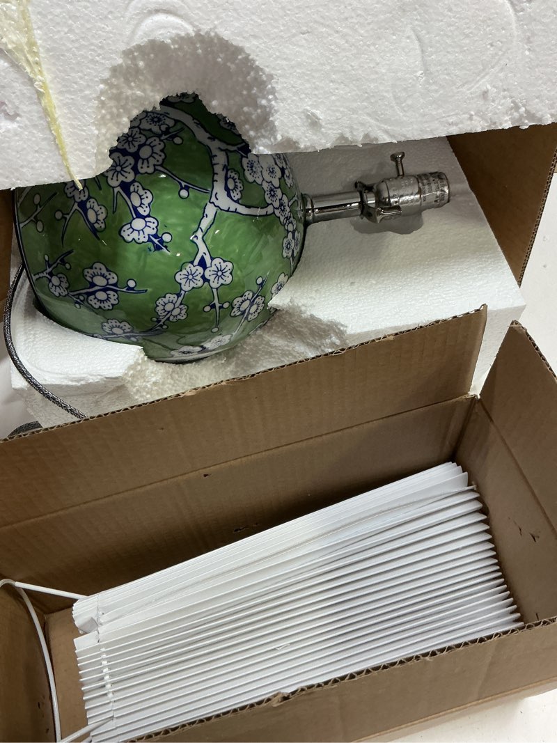 Condition photo showing Good Condition for jonathan y jyl5056a shishen 19.5" cottage classic chinoiserie ceramic orb led table lamp with pleated shade, green/white for bedroom, living room, kitchen, home office, kids room