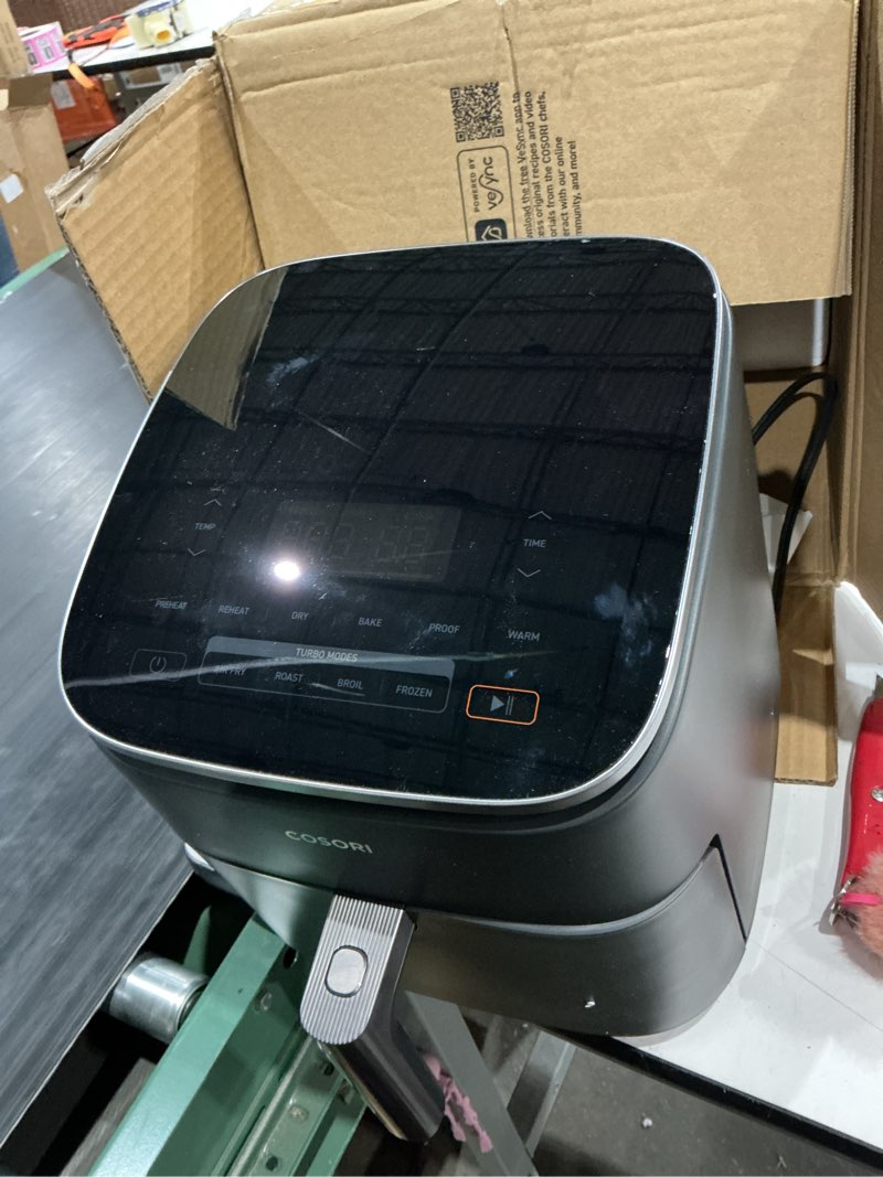 Condition photo showing As Is for cosori 9-in-1 turboblaze air fryer 6 qt, premium ceramic coating, 90°–450°f, precise heating for even results, air fry, roast, bake, broil, dry, frozen, proof, reheat, keep warm, 120v, dark gray dark gray 6qt air fryer