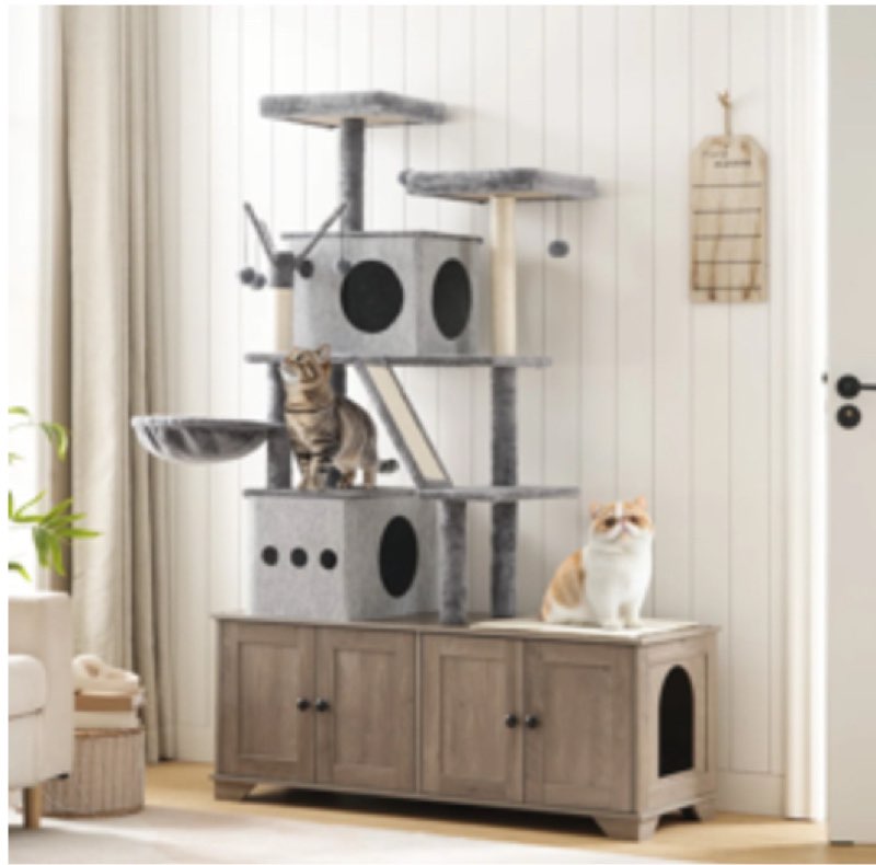 45.3"L x 68.9"H Cat Tree with Double Litter Box Enclosure