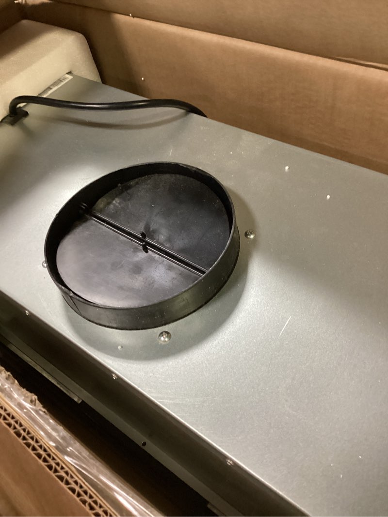 Condition photo showing As Is for Comfee' Range Hood 27 inch, Built-in/Insert Vent Hood 450 CFM, 3 Speed Gesture Sensing & Touch Control Panel Stainless Steel Kitchen Stove Hood, Ducted/Ductless Convertible Duct 27 inch Build in Stainless Steel