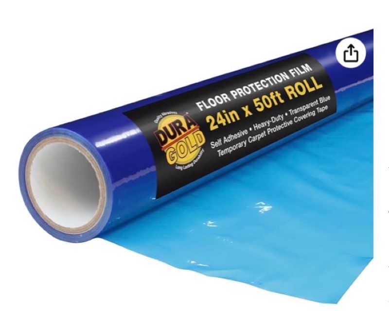 dura-gold floor protection film, 24-inch x 50-foot roll, clear plastic floor protector, self-adhesive plastic floor protection from foot traffic, paint spills, dust, construction, moving