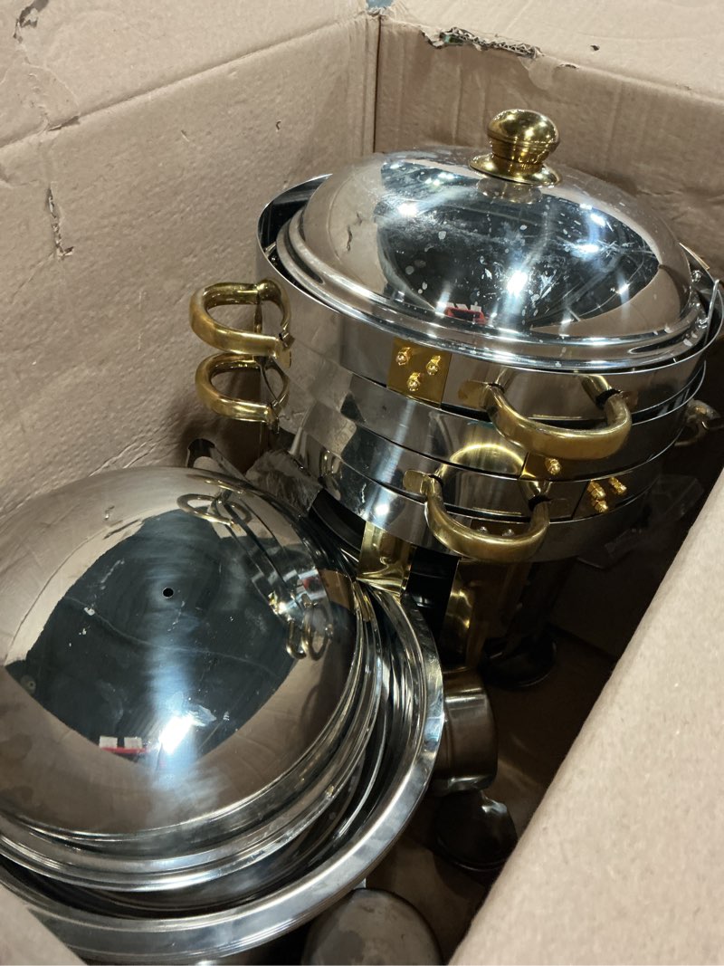 Condition photo showing Good Condition for WARMOUNTS Round Chafing Dishes for Buffet 3 Pack, 5QT Gold Stainless Steel Chafers and Buffet Warmers Sets with Lid Holder, Rolled Rim Process, Stackable Design, for Catering, Parties, Weddings