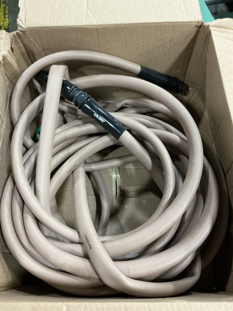 Condition photo showing As Is for flexzilla colors garden hose 5/8 in. x 25 ft., lightweight all-weather water hose, durable and flexible, leak-free connections, brown mulch standard grip 25ft brown mulch