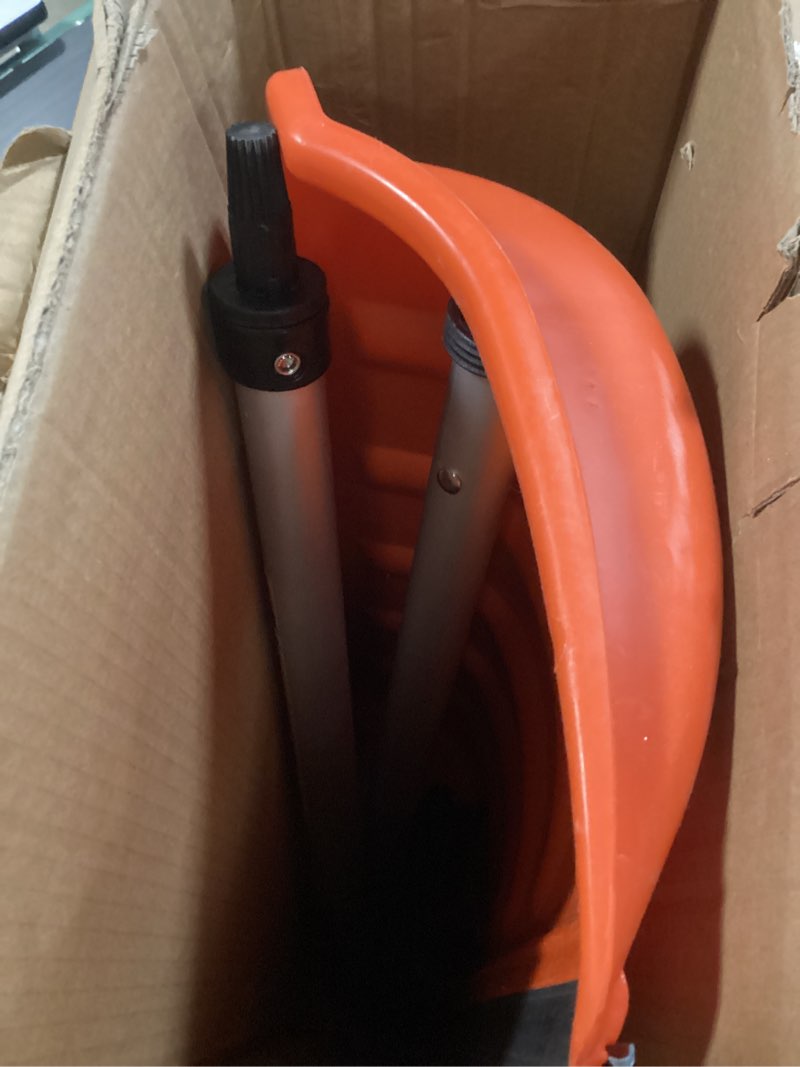 Condition photo showing As Is for snow pusher, 24-inch wide snow shovel for driveway, snow removal tool for car garage, sidewalks and doorways, snow pusher shovel with ergonomic grip and aluminum strip, orange
