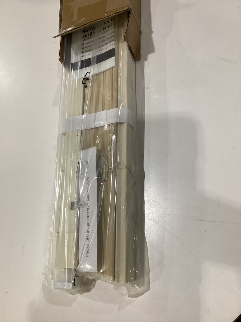 Condition photo showing New/Like New for lazblinds no drill blinds for indoor windows, cordless 1" vinyl mini blinds, privacy s-curve blinds for windows, room darkening horizontal window blinds and shades for home, 26" w x 64" h, beige beige 26" w × 64" h
