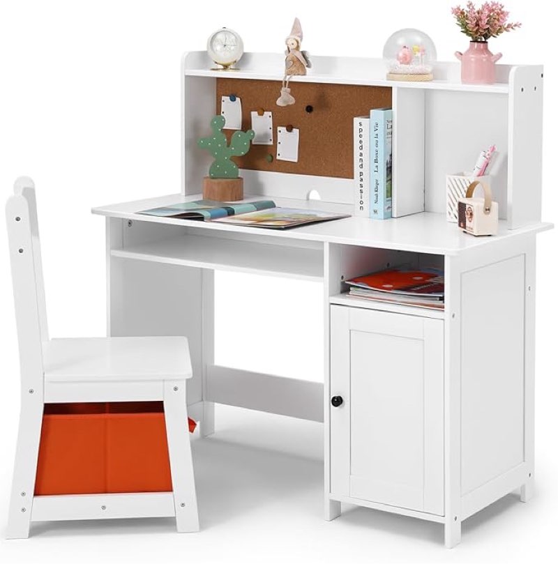 Kid's Study Desk and Chair Set for Boys & Girls – Wooden Ergonomic Design, Includes Built-In Chair Storage Bins & Bookshelf Organizer & Cork Bulletion Board, for Children Studying, Writing, Drawing