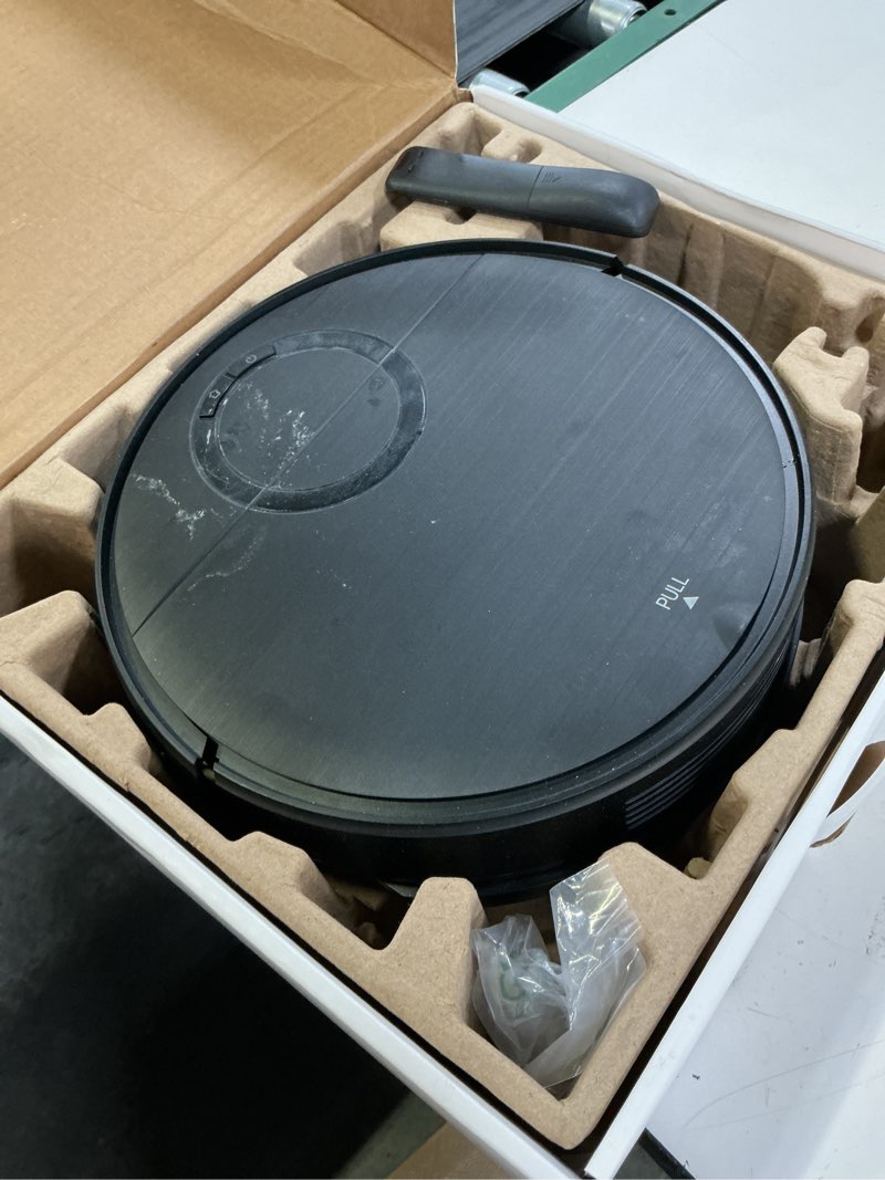 Condition photo showing As Is for robot vacuum, 2 in 1 robot vacuum and mop combo for pet owners: strong suction, anti-tangle brushless inlet, picks up dog & cat hair, wet mopping removes paw prints, auto-recharge with schedule black