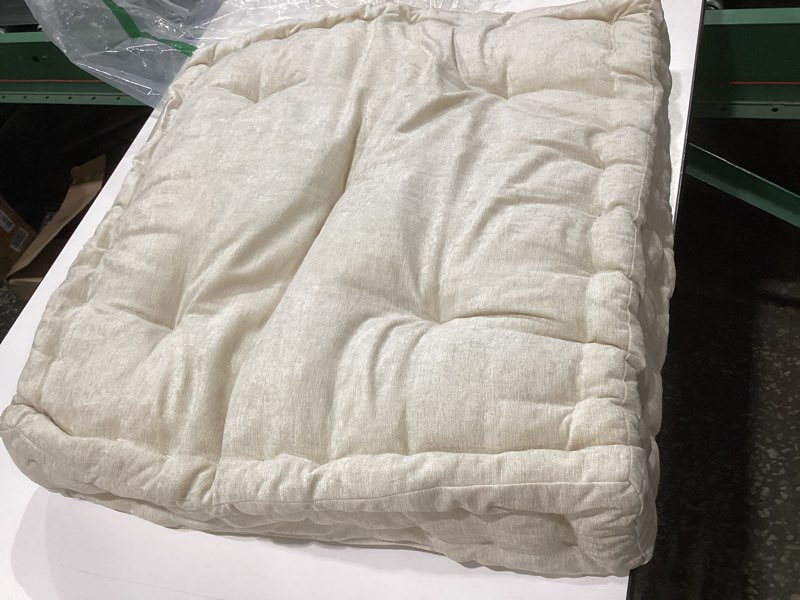 Condition photo showing As Is for Intelligent Design Large Floor Pillow for Adults Yoga or Meditation Cushion with Handle, Floor Cushion for Board Games, Lustrous Chenille Tufted, Handsewn Scalloped Edge, Azza, 24" x 24" x 5" Ivory 24"W x 24"L x 5"H Square Ivory With Handle