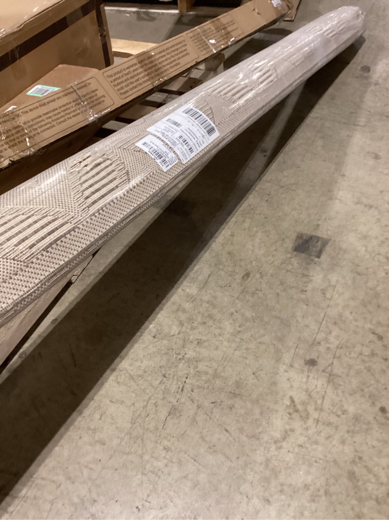 Condition photo showing As Is for Gertmenian Indoor Outdoor Area Rug, Classic Flatweave, Washable, Stain & UV Resistant Carpet, Deck, Patio, Poolside & Mudroom, 9x13 Ft Extra Large, Royal Palm Leaf, Gray Beige White Royal Palm Leaf Brown Black 8'9" x 13'1" (Rectangular)