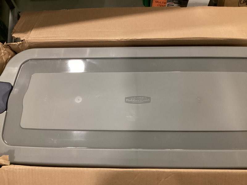 Condition photo showing Good Condition for Rubbermaid Roughneck Clear 95 Qt/23.75 Gal Storage Containers, Pack of 4 with Latching Grey Lids, Visible Base, Sturdy and Stackable, Great for Storage and Organization Snap-Fit Lids 95 Qt - 4 Pack