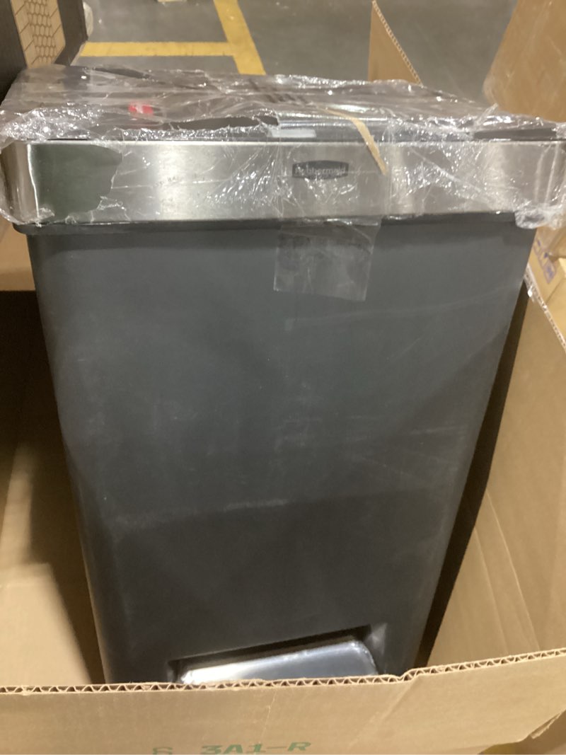 Condition photo showing Good Condition for Rubbermaid Premier Series III Step-On Trash Can for Home and Kitchen, with Stainless Steel Rim, 12.4 Gallon, Charcoal, for Home/Kitchen/Garage/Apartment/Office Metal Rim, Resin Lid
