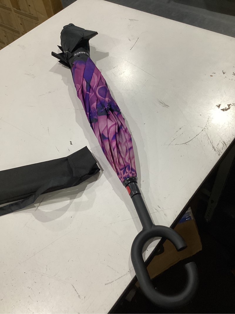 Condition photo showing Good Condition for llanxiry umbrella,inverted reverse upside down umbrellas with c-shaped handle, anti-uv waterproof rain umbrella for women and men purple flower