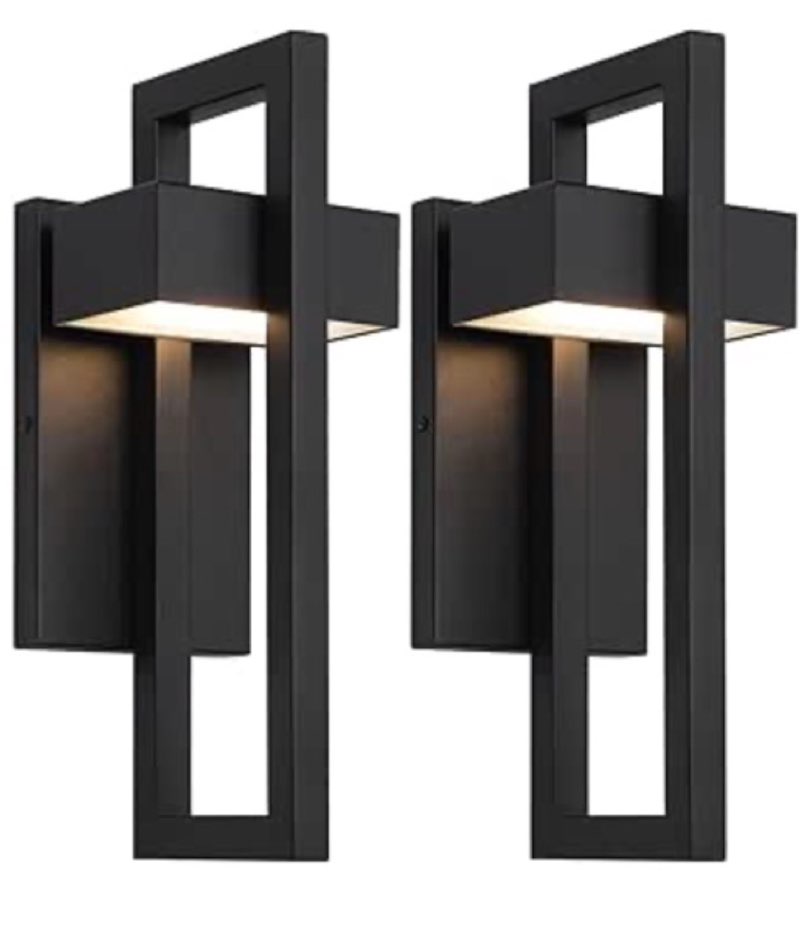 Krychiler 13.6 Inch Contemporary Outdoor Wall Lights with 3000K Integrated LED, 2 Packs Matte Black Metal Modern Exterior Lighting Fixtures Outside Wall Mount, for House Porch Patio Garage Front Door