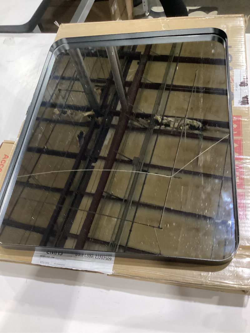 Condition photo showing As Is for loaao 20x16 inch black metal framed bathroom mirror for wall, matte black bathroom vanity mirror farmhouse, large rounded rectangle mirror, anti-rust, hangs horizontally or vertically black 20"l x 16"w