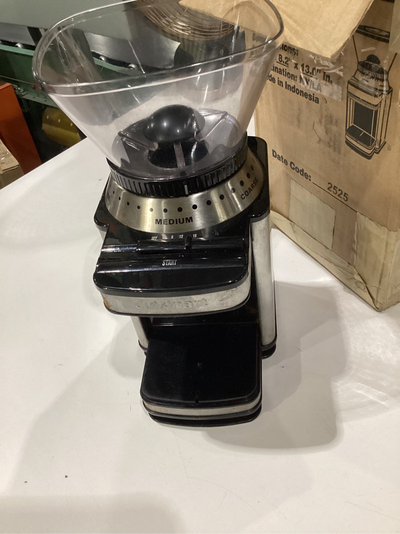 Condition photo showing As Is for cuisinart coffee grinder, electric one-touch automatic burr coffee grinder with 18-position grind selector, cup size selector for 4 – 18 cups, dbm-8p1, black stainless burr mill stainless steel, not tested, incomplete, used