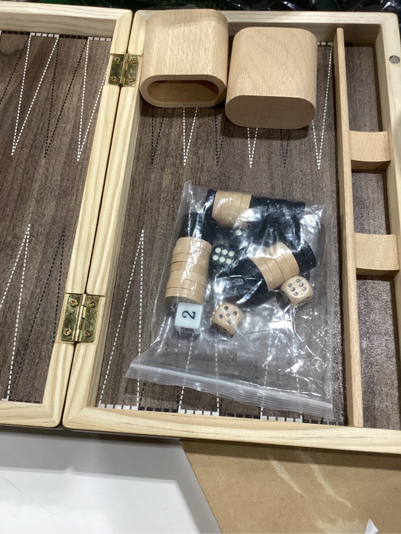 Condition photo showing Good Condition for 13" Wooden Backgammon Set - Premium Beech Wood Foldable Board Game for Adults and Kids - Portable Strategy Game with 30 Magnetic Pieces and 2 Wooden Dice Shakers
