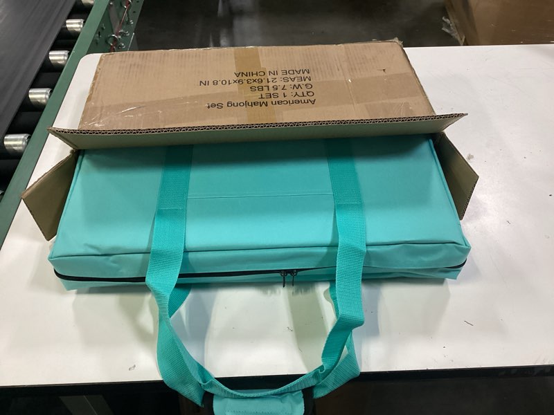 Condition photo showing New/Like New for american mahjong game set, 166 light green tiles, 4 all-in-one color rack/pushers, complete mahjong tile set, light green carrying bag