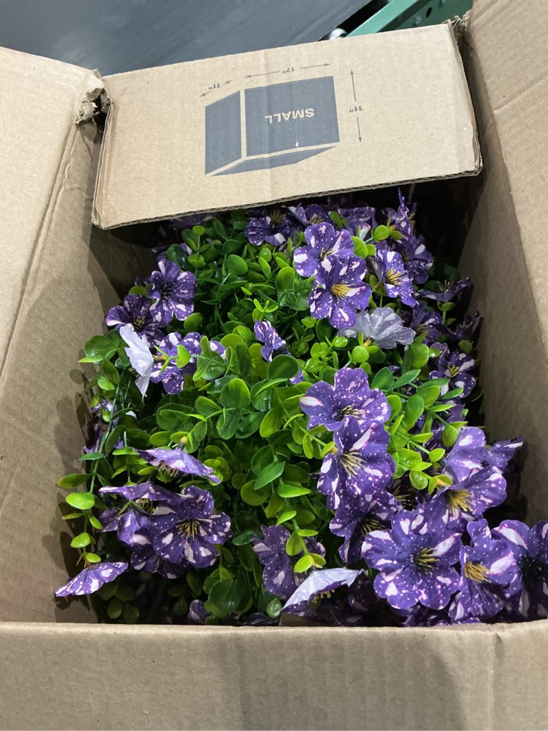 Condition photo showing New/Like New for glidlion 4 pcs artificial morning glory & eucalyptus for outside, realistic sun resistant fake silk hang flower faux eucalyptus leave for patio farmhouse garden porches balcony decor (purple) 4 purple