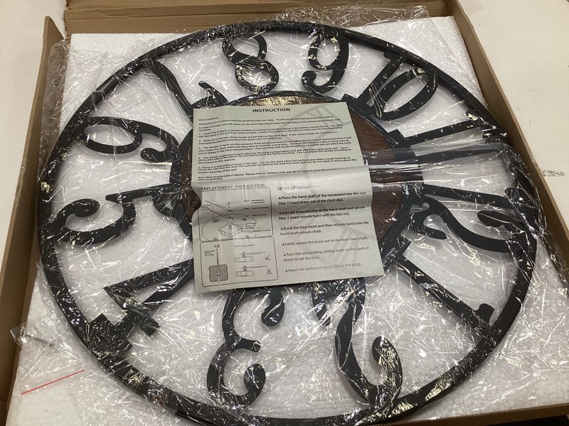 Condition photo showing As Is for 1st owned large wall clock for living room decor- 24" decorative antique silent non ticking,battery operated,black metal,wood clocks for farmhouse,dining room,bedroom,kitchen - arabic numerals black-arabic numerals 24 inch