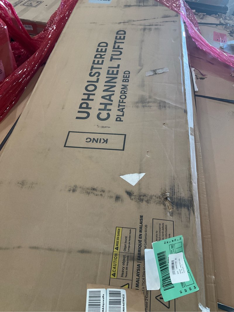 Condition photo showing As Is for king upholstered channel tufted platform bed parts
