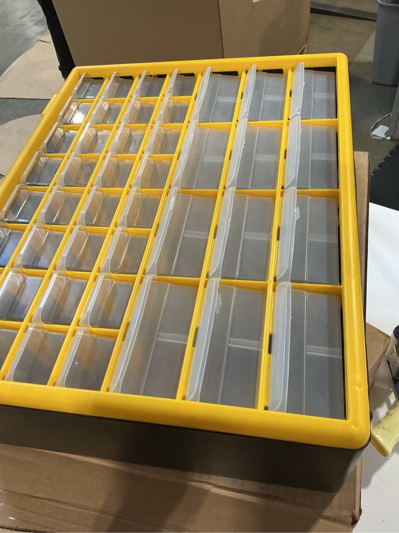 Condition photo showing Good Condition for akro-mils 44-drawer plastic storage cabinet, 20"w x 6"d x 16"h, yellow | plastic cabinet w/ drawers for garage organization, beads, building bricks storage, teacher toolbox, makeup organizer, 10144 yellow 44 drawer 1 pack