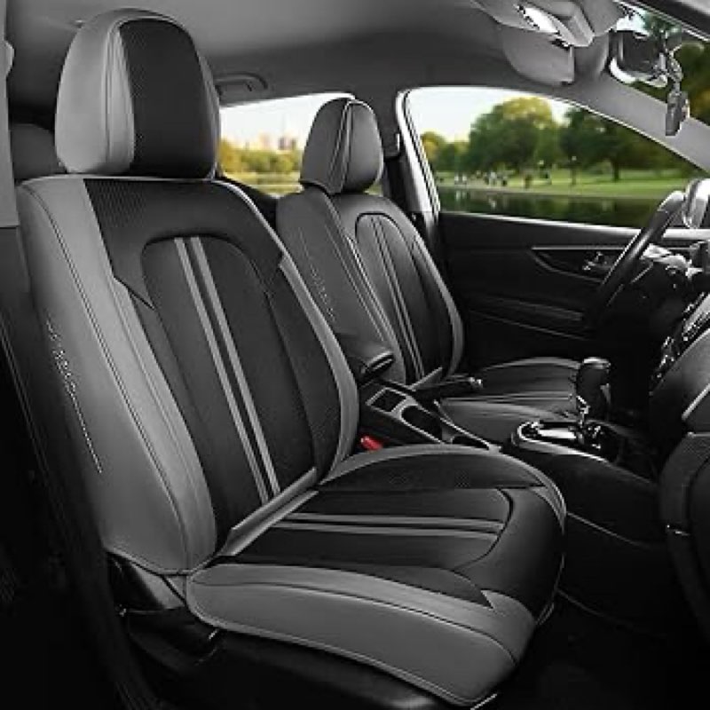 FREESOO Car Seat Covers Full Set, Black Gray Waterproof Car Seat Cover, Leather Seat Covers for Truc