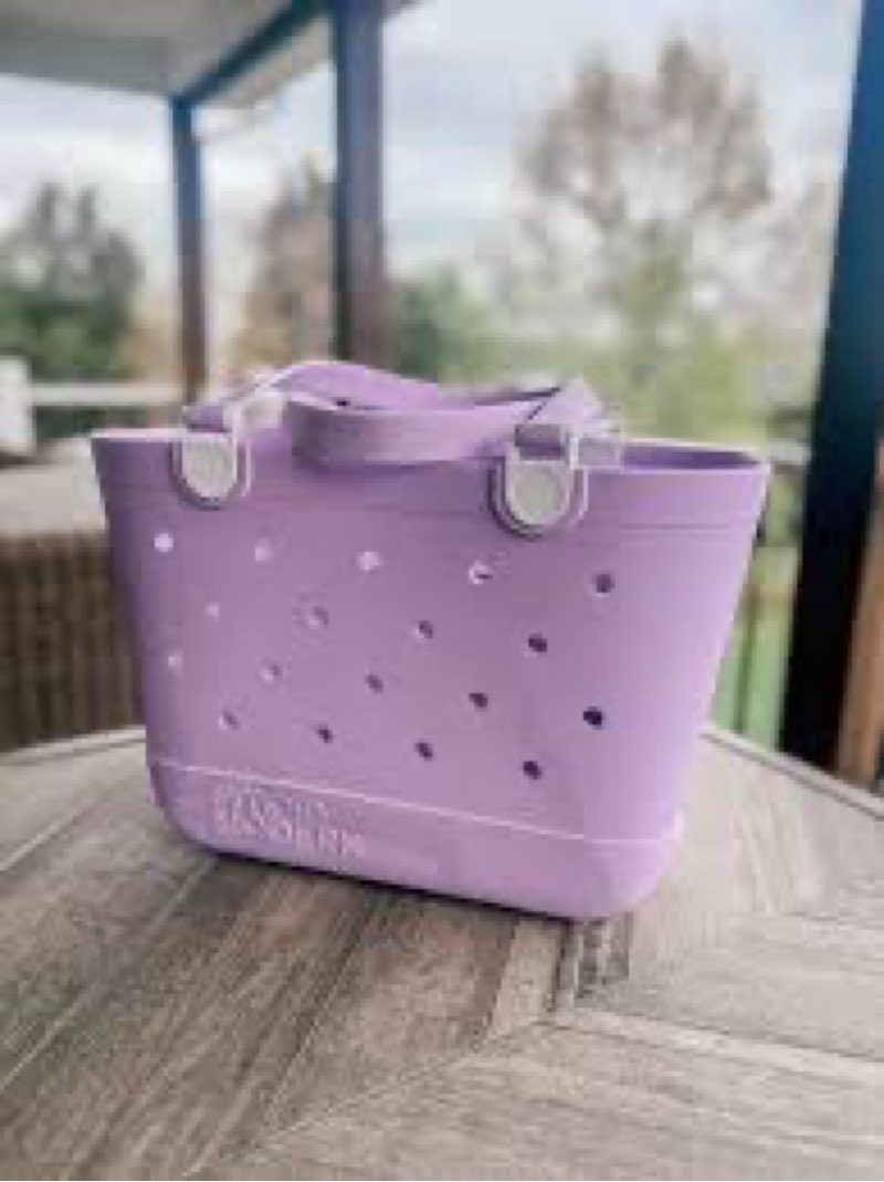 simple modern large beach bag | waterproof getaway rubber tote with zipper pocket for travel, pool, boat, groceries, sports | purple breeze large purple breeze