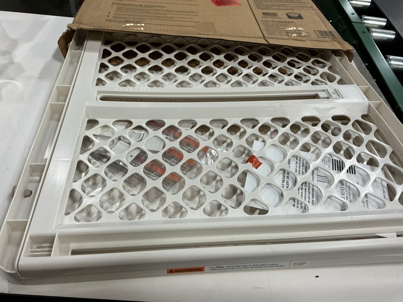 Condition photo showing New/Like New for toddleroo by north states - renew 100% recycled plastic baby gate for doorway; sturdy for indoor & outdoor use: pressure mounted, no drill gate; made in usa; 26" to 42" wide, 26" tall; pure white