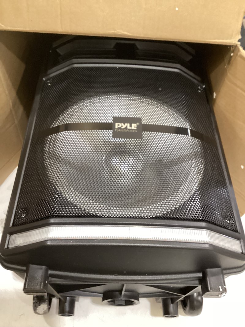 Condition photo showing As Is for pyle portable bluetooth pa speaker system - 600w bluetooth speaker portable pa system w/ rechargeable battery, party lights, mp3/usb sd card reader, rolling wheels - pyle pphp1044b 10 inch