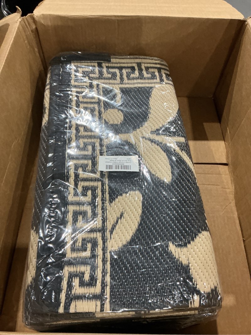 Condition photo showing Good Condition for olanly waterproof outdoor rug 8x10 ft, outdoor plastic straw rug with flower pattern, reversible rv mat for patio, camping, balcony, deck, backyard, black & beige black & beige 8' x 10' (rectangular)