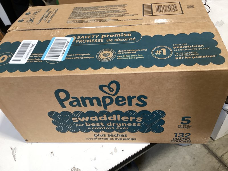 Condition photo showing New/Like New for pampers swaddlers diapers, size 5 (20-37 lbs), 132 count, absorbent, keeps baby dry and comfortable, skin safe disposable baby diaper (packaging may vary) size 5 132