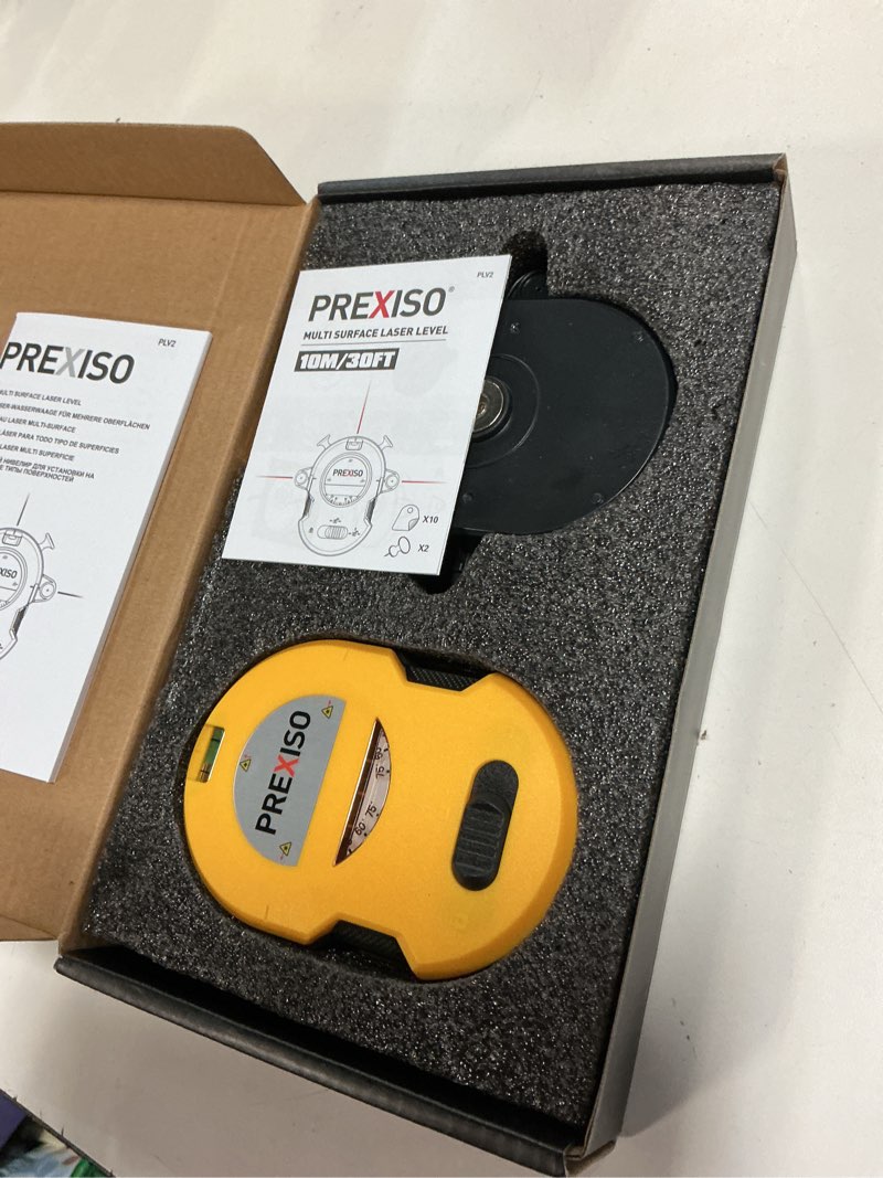 Condition photo showing Good Condition for prexiso multi surface laser level led light vial, 30ft horizontal & vertical line laser with wall mount base, 2 pins, 10 sticker, 2 aa batteries for hanging frames & picture, construction wall writing
